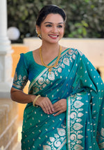 Load image into Gallery viewer, Teal Banarasi Silk Saree With Blouse