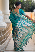Load image into Gallery viewer, Teal Banarasi Silk Saree With Blouse