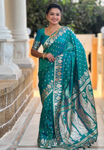 Load image into Gallery viewer, Teal Banarasi Silk Saree With Blouse