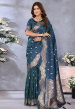 Load image into Gallery viewer, Teal Banarasi Silk Saree With Blouse