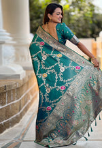 Load image into Gallery viewer, Teal Banarasi Silk Saree With Blouse