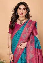 Load image into Gallery viewer, Teal Banarasi Silk Saree With Blouse