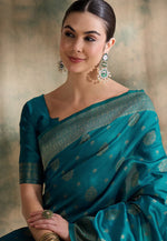 Load image into Gallery viewer, Teal Banarasi Silk Saree With Blouse