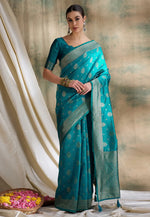 Load image into Gallery viewer, Teal Banarasi Silk Saree With Blouse