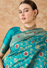 Load image into Gallery viewer, Teal Banarasi Silk Saree With Blouse