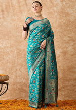 Load image into Gallery viewer, Teal Banarasi Silk Saree With Blouse