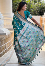 Load image into Gallery viewer, Teal Banarasi Silk Saree With Blouse