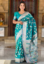 Load image into Gallery viewer, Teal Banarasi Silk Saree With Blouse
