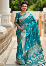 Load image into Gallery viewer, Teal Banarasi Silk Saree With Blouse