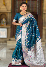 Load image into Gallery viewer, Teal Banarasi Silk Saree With Blouse