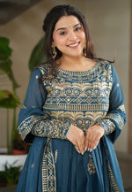 Load image into Gallery viewer, Teal Chinon Readymade Long Anarkali Suit