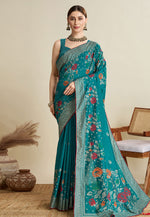 Load image into Gallery viewer, Teal Cotton Saree With Blouse