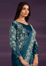 Load image into Gallery viewer, Teal Crepe Lehenga Saree