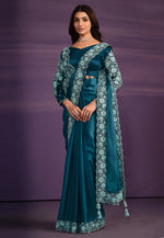 Load image into Gallery viewer, Teal Crepe Lehenga Saree