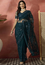 Load image into Gallery viewer, Teal Net Saree With Blouse