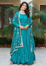 Load image into Gallery viewer, Teal Silk Readymade Long Anarkali Suit