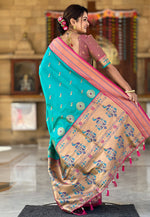 Load image into Gallery viewer, Turquoise Banarasi Silk Paithani Saree