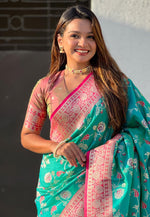 Load image into Gallery viewer, Turquoise Banarasi Silk Saree