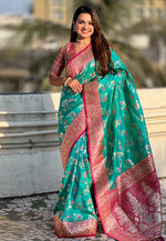 Load image into Gallery viewer, Turquoise Banarasi Silk Saree