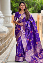 Load image into Gallery viewer, Violet Banarasi Silk Saree
