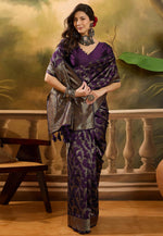 Load image into Gallery viewer, Wine Banarasi Jacquard Saree With Blouse