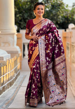 Load image into Gallery viewer, Wine Banarasi Silk Saree