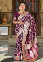 Load image into Gallery viewer, Wine Banarasi Silk Saree With Blouse