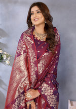 Load image into Gallery viewer, Wine Banarasi Silk Saree With Blouse