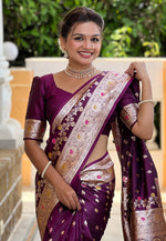 Load image into Gallery viewer, Wine Banarasi Silk Saree With Blouse