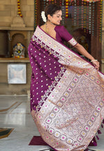 Load image into Gallery viewer, Wine Banarasi Silk Saree With Blouse