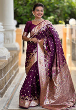 Load image into Gallery viewer, Wine Banarasi Silk Saree With Blouse