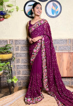 Load image into Gallery viewer, Wine Georgette Saree With Blouse