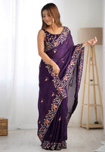 Load image into Gallery viewer, Wine Satin Chiffon Saree With Blouse