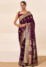 Load image into Gallery viewer, Wine Satin Silk Saree With Blouse