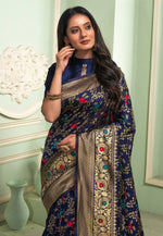 Load image into Gallery viewer, Navy Blue Banarasi Silk Saree With Blouse