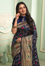 Navy Blue Banarasi Silk Saree With Blouse