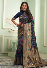 Load image into Gallery viewer, Navy Blue Banarasi Silk Saree With Blouse