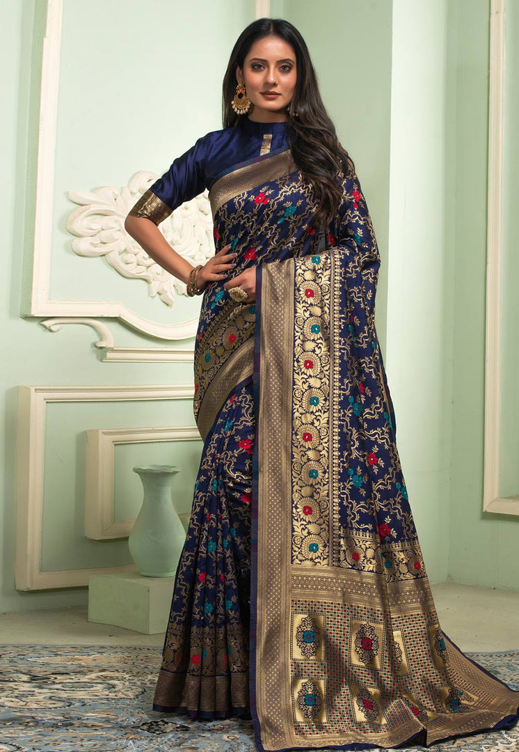 Navy Blue Banarasi Silk Saree With Blouse