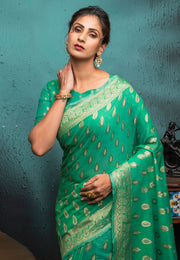 Sea Green Cotton Saree With Blouse