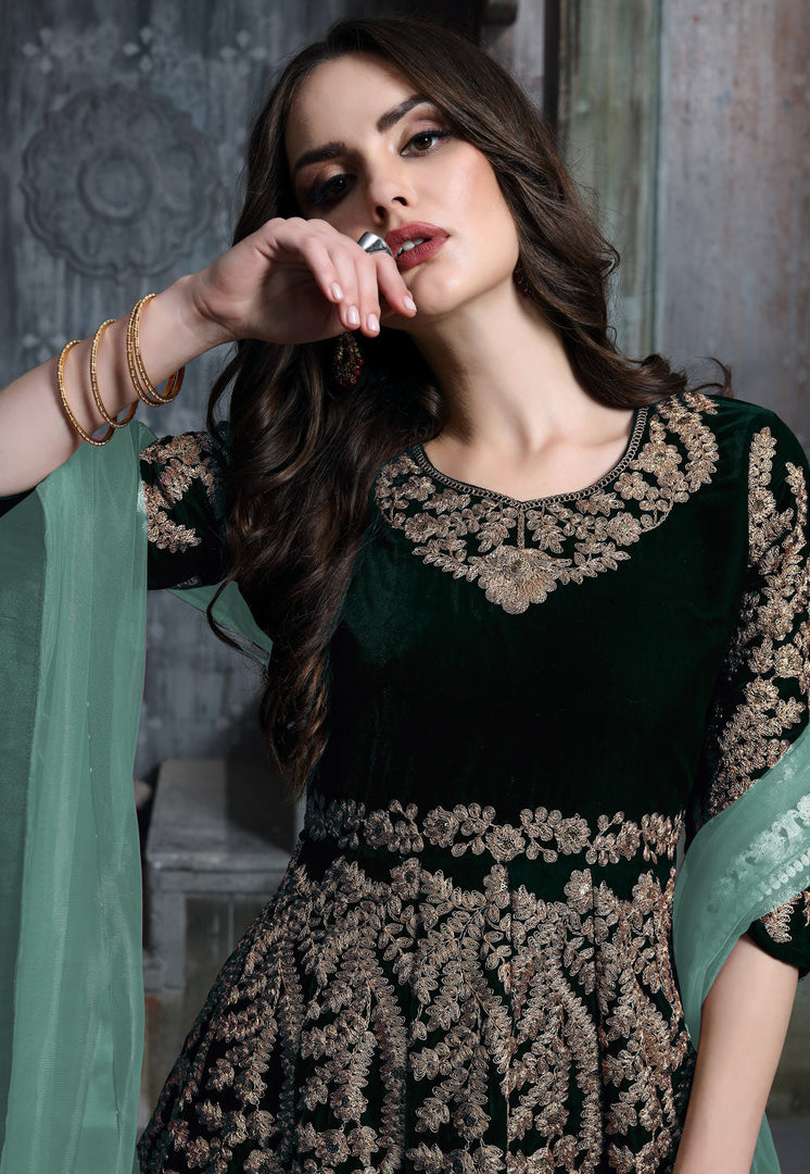 Green Velvet Long Anarkali Suit