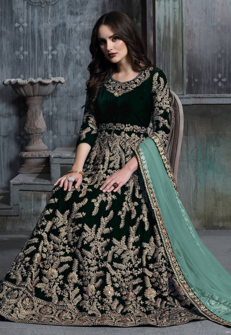 Green Velvet Long Anarkali Suit