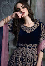 Load image into Gallery viewer, Navy Blue Velvet Long Anarkali Suit
