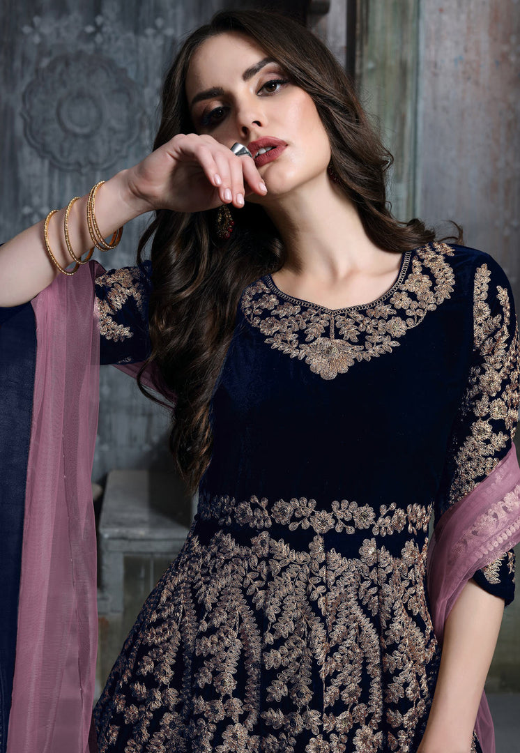 Navy Blue Velvet Long Anarkali Suit