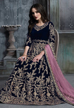 Load image into Gallery viewer, Navy Blue Velvet Long Anarkali Suit
