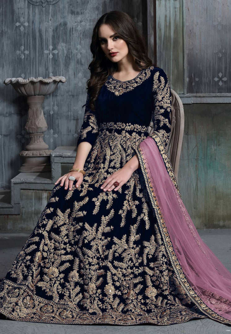 Navy Blue Velvet Long Anarkali Suit