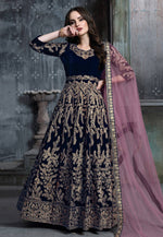 Load image into Gallery viewer, Navy Blue Velvet Long Anarkali Suit
