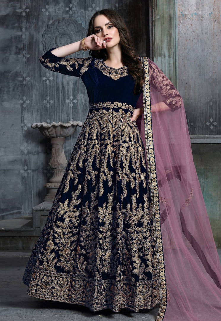 Navy Blue Velvet Long Anarkali Suit