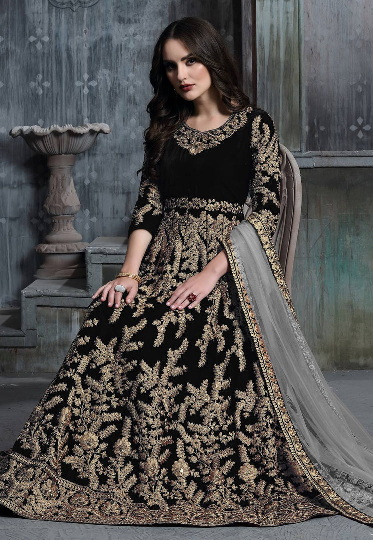 Black Velvet Abaya Style Anarkali Suit