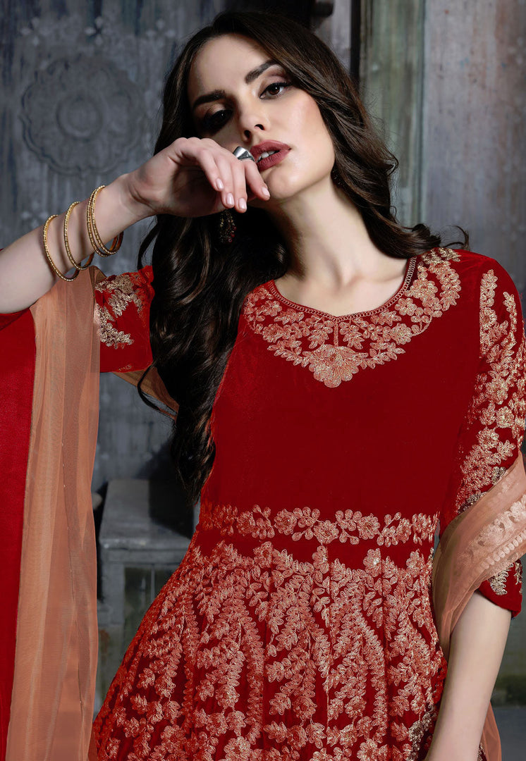 Red Velvet Long Anarkali Suit