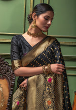 Load image into Gallery viewer, Black Banarasi Silk Saree With Blouse
